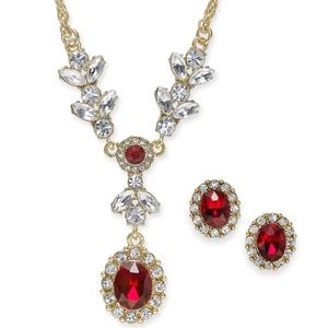 Crystal and Stone Lariat Necklace & Stud Earrings